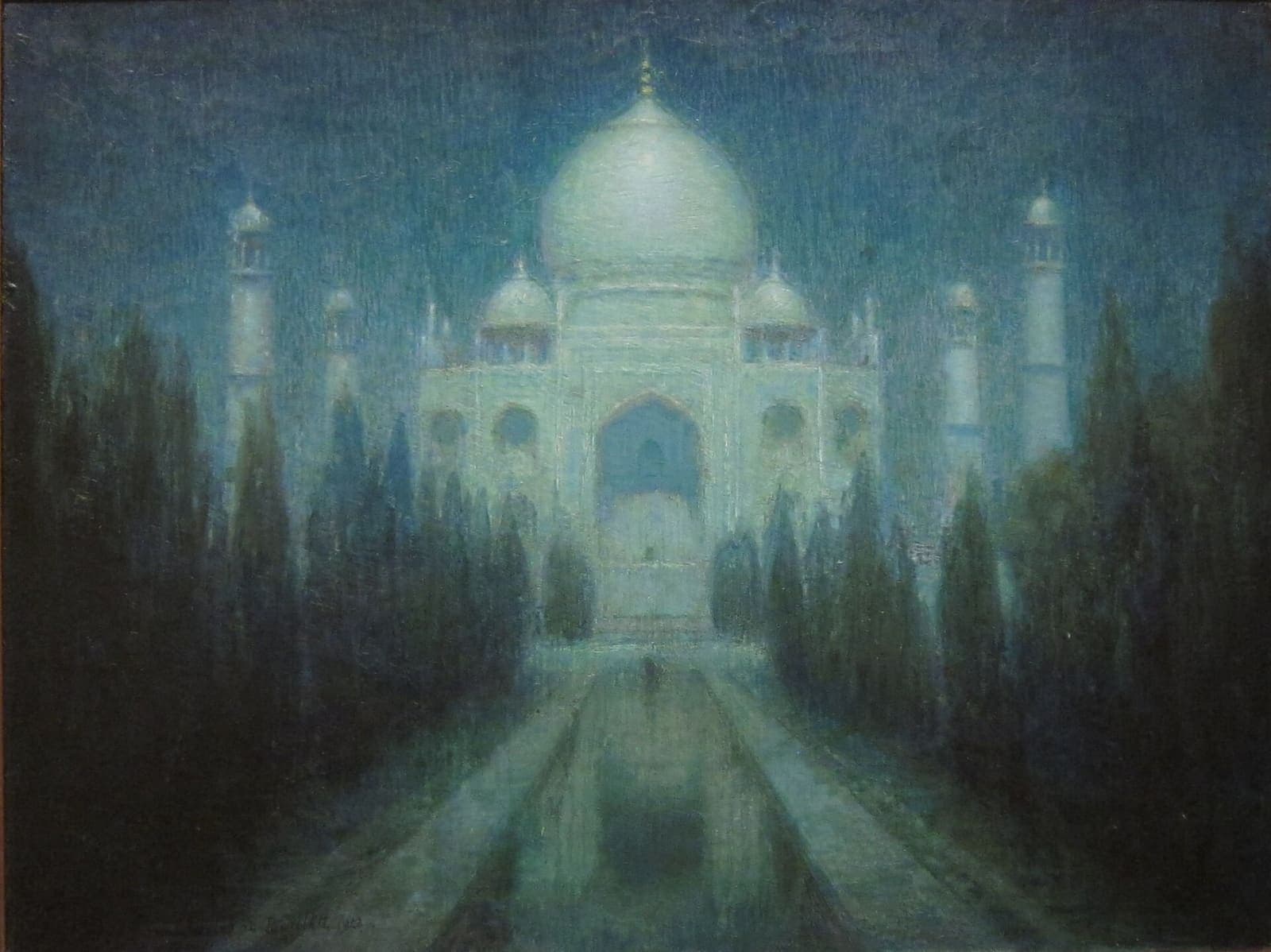 Charles W. Bartlett’s oil painting of the Taj Mahal by moonlight, misty blue-green, with cypresses and a reflecting pool