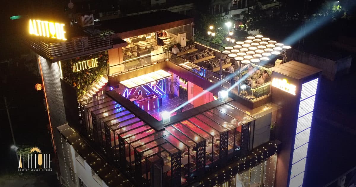 The illuminated Altitude rooftop terrace on MG Road 2, Agra